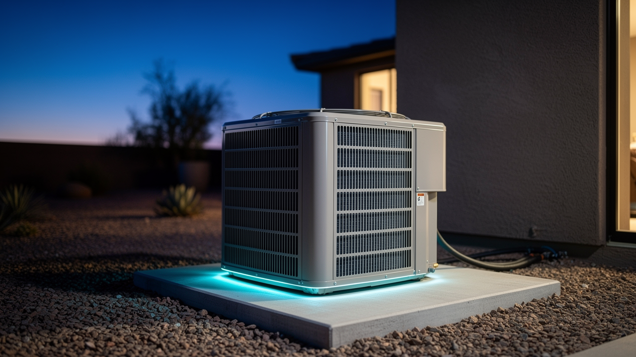 A brand-new residential AC condenser freshly installed on a concrete pad at blue hour